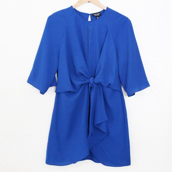 Topshop Dress Wide Half Sleeves Knot Tie Front Cobalt Royal Blue Mini Dress US 8 - Picture 8 of 16